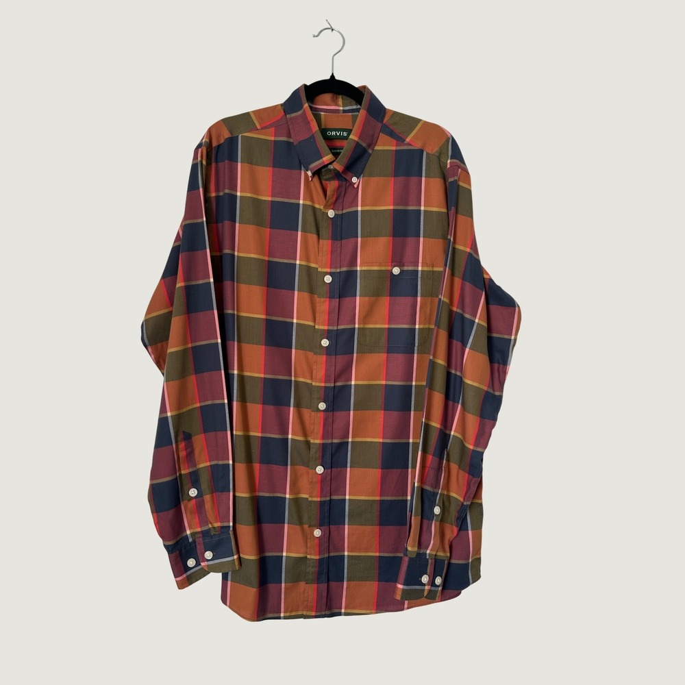 Orvis Button Down Shirt Mens L Tall Multicolor Plaid Classic Fit Wrinkle Free